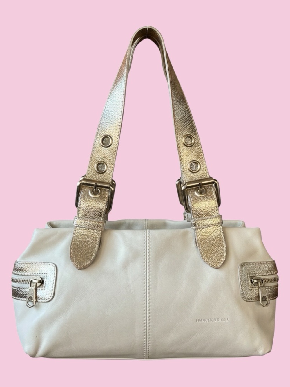Francesco Biasia Cream Leather Shoulder Bag with Metallic Gold Straps